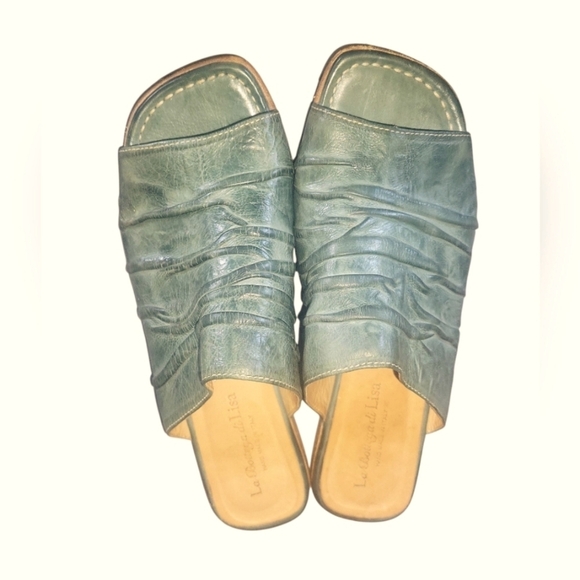 La Bottega Di Lisa Teal Handmade  Made In Italy Leather Slide Sandals Sz 37 1/2 - Picture 2 of 9